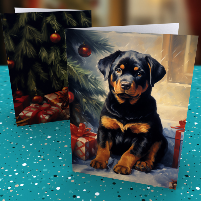 Pack of 10 Greeting Cards (standard envelopes) (US & CA) Christmas Rottweiler Pup