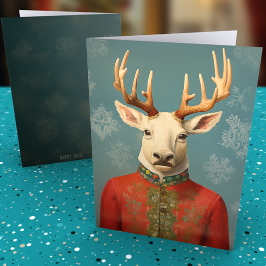 Pack of 10 Greeting Cards (standard envelopes) (US & CA) Mr Reindeer with Red Suit